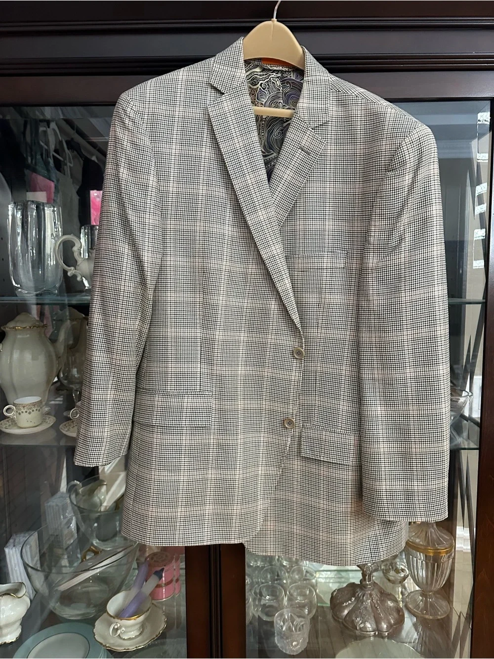 TALLIA Men's Beige and Black Glen Plaid Sport Coat with Paisley Lining